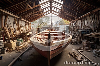 wooden boat under construction in a boatbuilders workshop Stock Photo