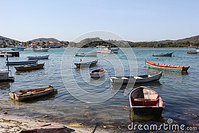 Wooden boats anchored in connection channel with the sea Editorial Stock Photo