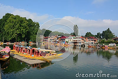 Wooden boats on Dal lake in Srinagar, India Editorial Stock Photo