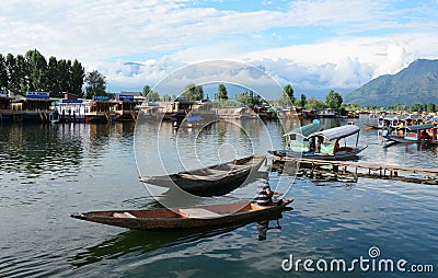 Wooden boats on Dal lake in Srinagar, India Editorial Stock Photo