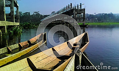 Traditional wooden boats dock in Rawa Pening Rawapening lake Stock Photo