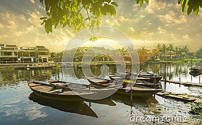 Wooden boats on the Thu Bon River in Hoi An , Vietnam Stock Photo