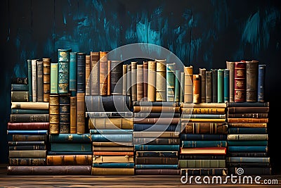Wooden book shelf filled with books in various shape and sizes, Generative AI Stock Photo