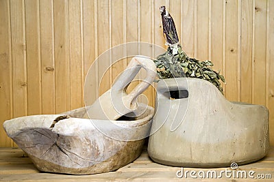 Wooden bowl for bathhouse Stock Photo