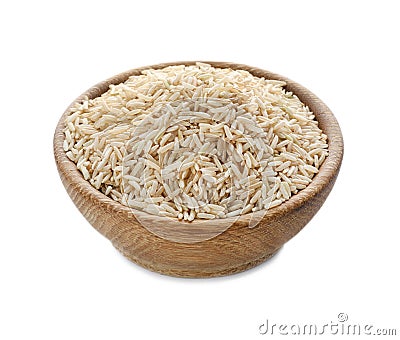 Wooden bowl with brown rice isolated on white Stock Photo