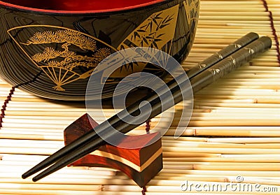 Wooden bowl and chopsticks Stock Photo