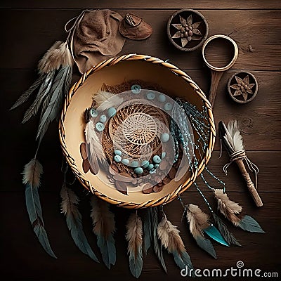 wooden bowl on a dark boho background, feather and airy fabric, top view Stock Photo