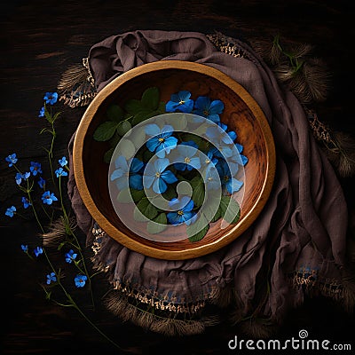 wooden bowl on a dark boho background, flowers and airy fabric, top view Stock Photo