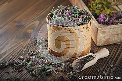 Wooden bowl of dry wild Marjoram or Origanum vulgare plants, wooden crate of medicinal herbs. Stock Photo