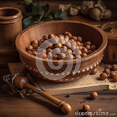 A wooden bowl filled with hazelnuts Stock Photo