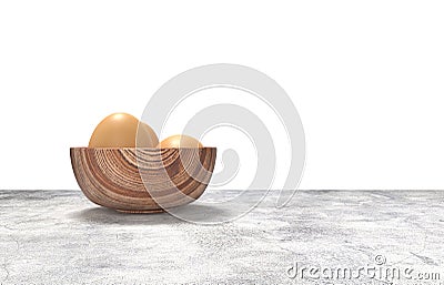 Wooden bowl ful of eggs. Placed on concrete table. Stock Photo