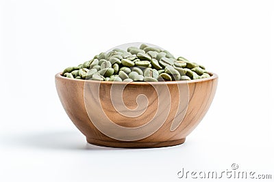 Wooden bowl with green coffee beans on white background. Generate Ai Stock Photo