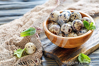 Wooden bowl with speckled quail eggs. Stock Photo