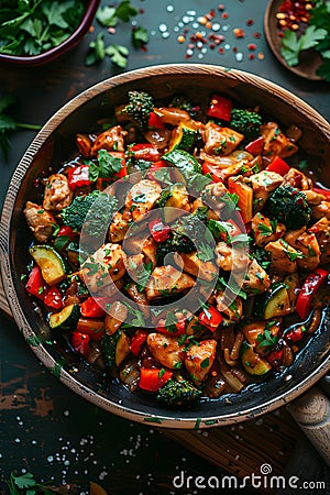 Wooden bowl of stirfried chicken and vegetables on table Stock Photo