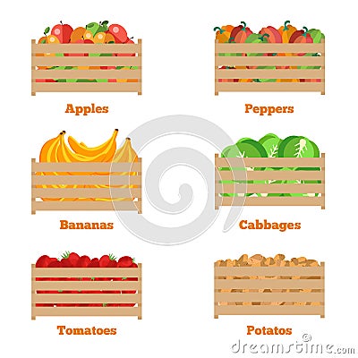 Wooden box with autumn fruits and vegetables Vector Illustration