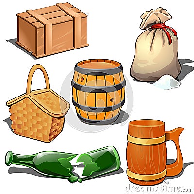 Wooden box, barrel, canvas sack with bulk product, picnic basket, broken bottle and beer mug Thematic six icons isolated Vector Illustration