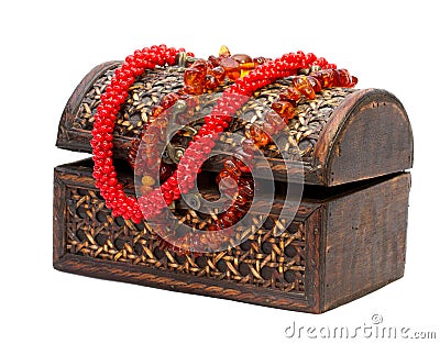 Wooden box with beads Stock Photo