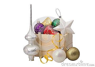 Wooden box with christmas decorations Stock Photo