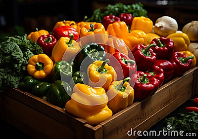 A wooden box filled with lots of different colored peppers. Vibrant assortment of colorful peppers in a wooden box Stock Photo