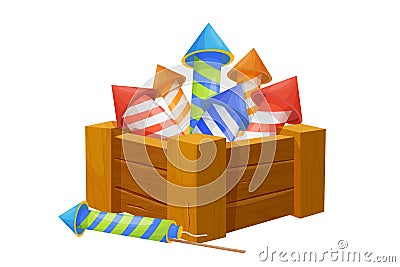 Wooden box with fireworks, firecrackers, holiday rocket in cartoon style isolated on white background. Party Vector Illustration