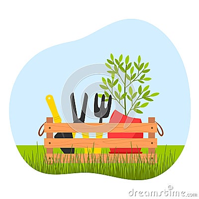 A wooden box with garden tools, pruning shears, a shovel and a ripper, and a planter with a home flower on the Vector Illustration