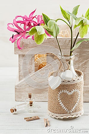 Wooden box with lilly and flowers Stock Photo