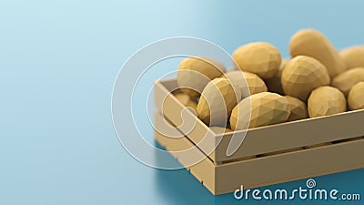 Wooden box with polygonal potatoes on a blue background. The concept of selling vegetables, healthy food, seasonal Stock Photo