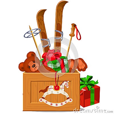 Wooden box with winter attributes isolated on white background. Christmas gifts and sports entertainment. Sketch of Vector Illustration