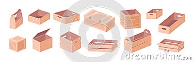 Wooden boxes vector isometric illustrations set. Toolkit box and crates isolated on white background. Empty wooden Vector Illustration