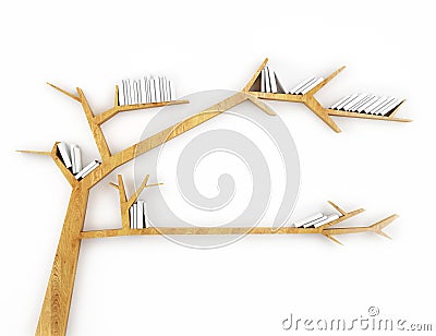 Wooden branch shelf with white books isolated on white background Stock Photo