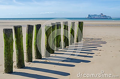 Wooden Breakwaters on BlÃ©riot Plage beach, Pas-de-Calais, France Editorial Stock Photo