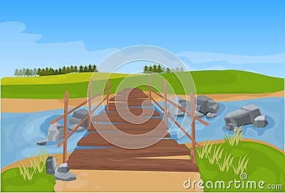 Wooden bridge across river mountain landscape background flat Vector Illustration