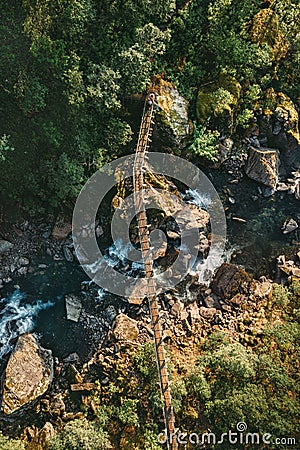 Wooden bridge aerial view river and forest nature landscape Stock Photo