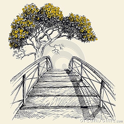 Wooden bridge arch and blooming tree Vector Illustration