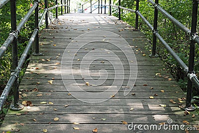 The wooden bridge crosses over the creek in the park. Stock Photo