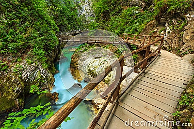 Wooden bridge and green river,Vintgar gorge,Slovenia,Europe Stock Photo