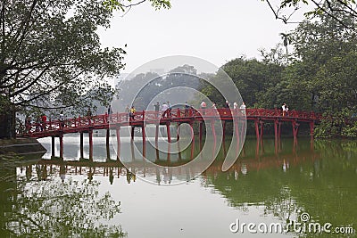 Wooden bridge at Hoan Kiem Lake in Hanoi Editorial Stock Photo