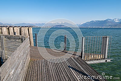 Wooden bridge from Hurden to Rapperswil Stock Photo