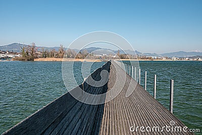 Wooden bridge from Hurden to Rapperswil Stock Photo