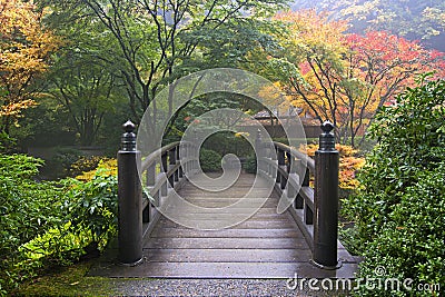 Wooden Bridge at Japanese Garden in Fall Stock Photo