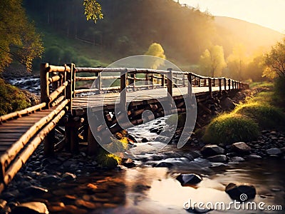 Wooden bridge over mountain creek Stock Photo