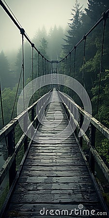 Wooden Bridge Over Stream On Foggy Day Stock Photo
