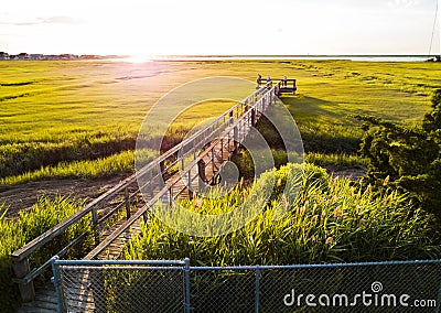 Wooden bridge over a swamp in Wildwood New Jersey Stock Photo