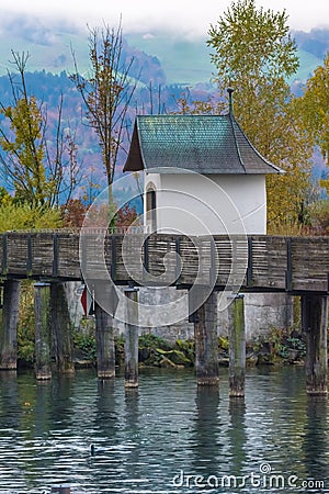 Wooden bridge, Way of St James, Lake Zurich, Switzerland Stock Photo