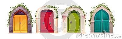 Wooden bright doors with handle, arch and ivy plant. Entrance, gate in a castle, church or house. Vector Illustration