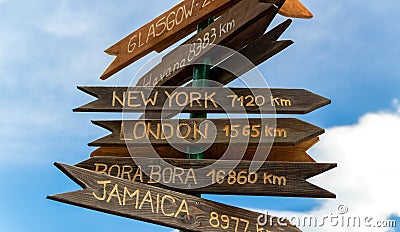 Wooden brown sign with the names of cities Stock Photo