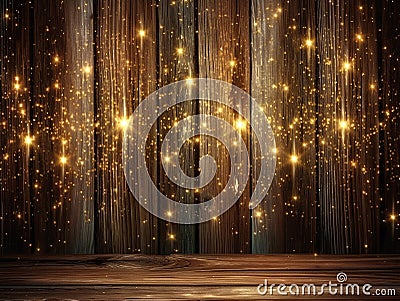 Wooden brown wall with sparkles and bokeh.AI Stock Photo