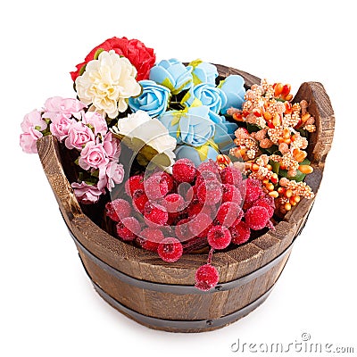 Wooden bucket flower Stock Photo