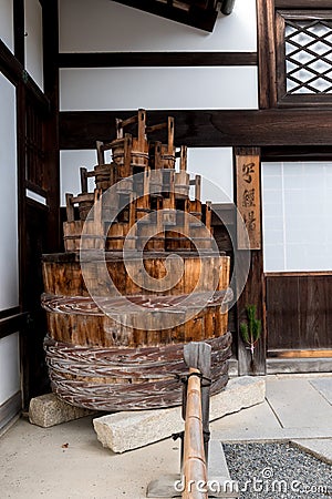 Wooden buckets and bowl at Kyoto`s Temple Stock Photo