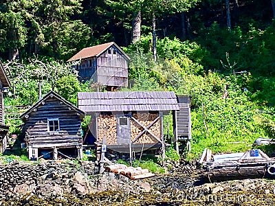 Wooden Buildings in Meyers Chuck, Alaska Stock Photo